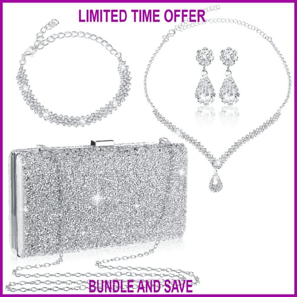Rhinestone Jewelry Set with Clutch Purse for Formal Occasions